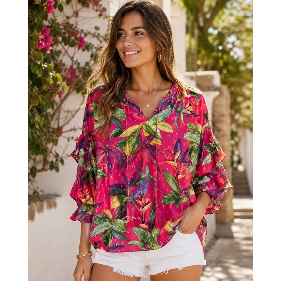 Chico's Tops - NEW Chico's Double Ruffle Sleeve Vivid Botanical Blouse Tasseled Top Size 1 US 8